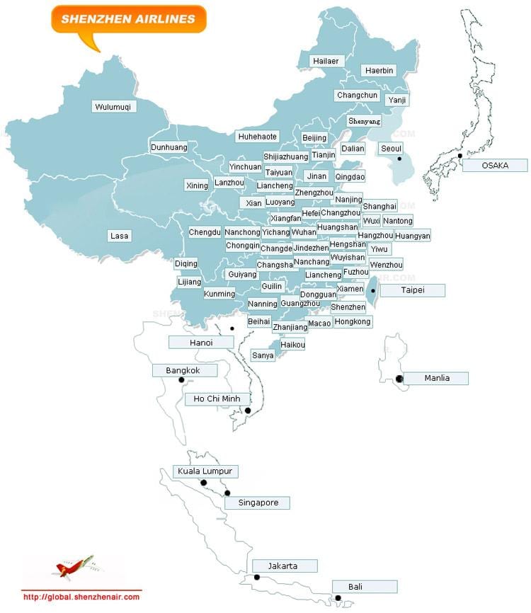 แผนที่ของ Shenzhen เที่ยวบินที่เส้นทาง